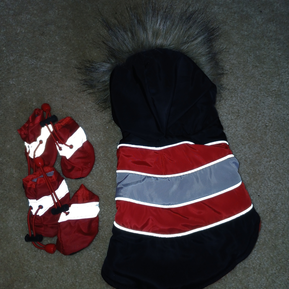Never Worn! Stylish Red and Black Dog Winter Coat with Booties